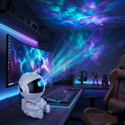 Astronaut Galaxy Projector on a gaming desk setup with nebula projection