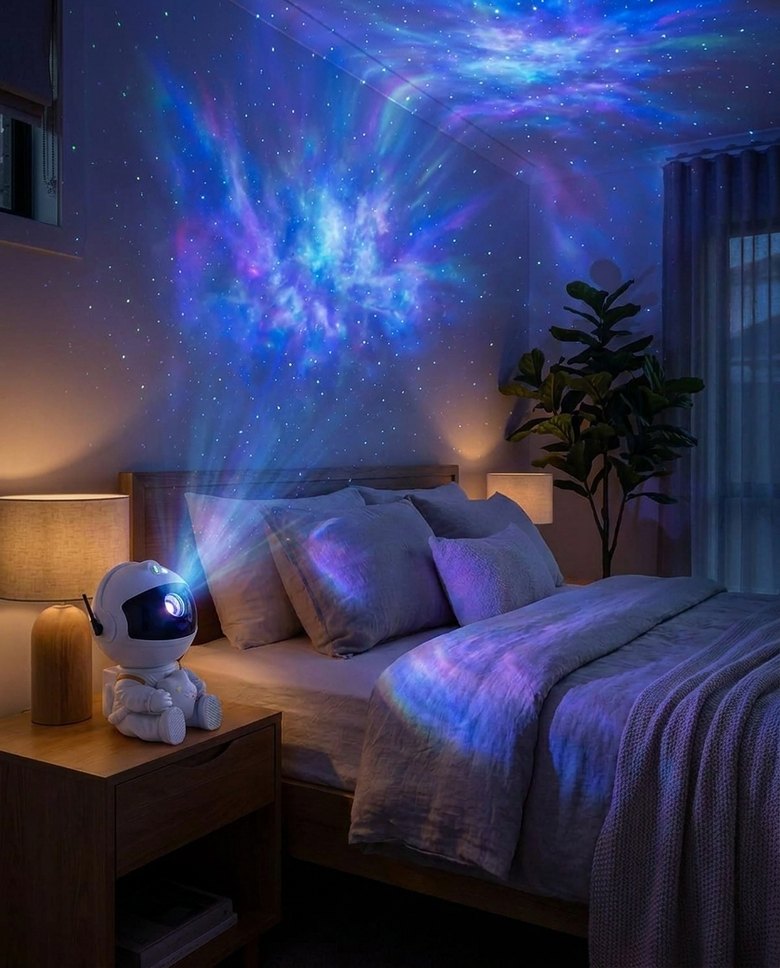 Same bedroom transformed into a galaxy with the projector on