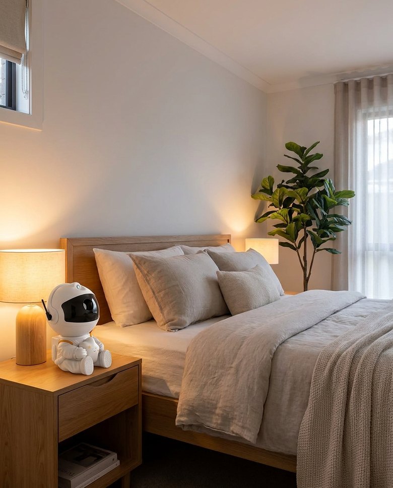 Bedroom with the projector off, plain ceiling