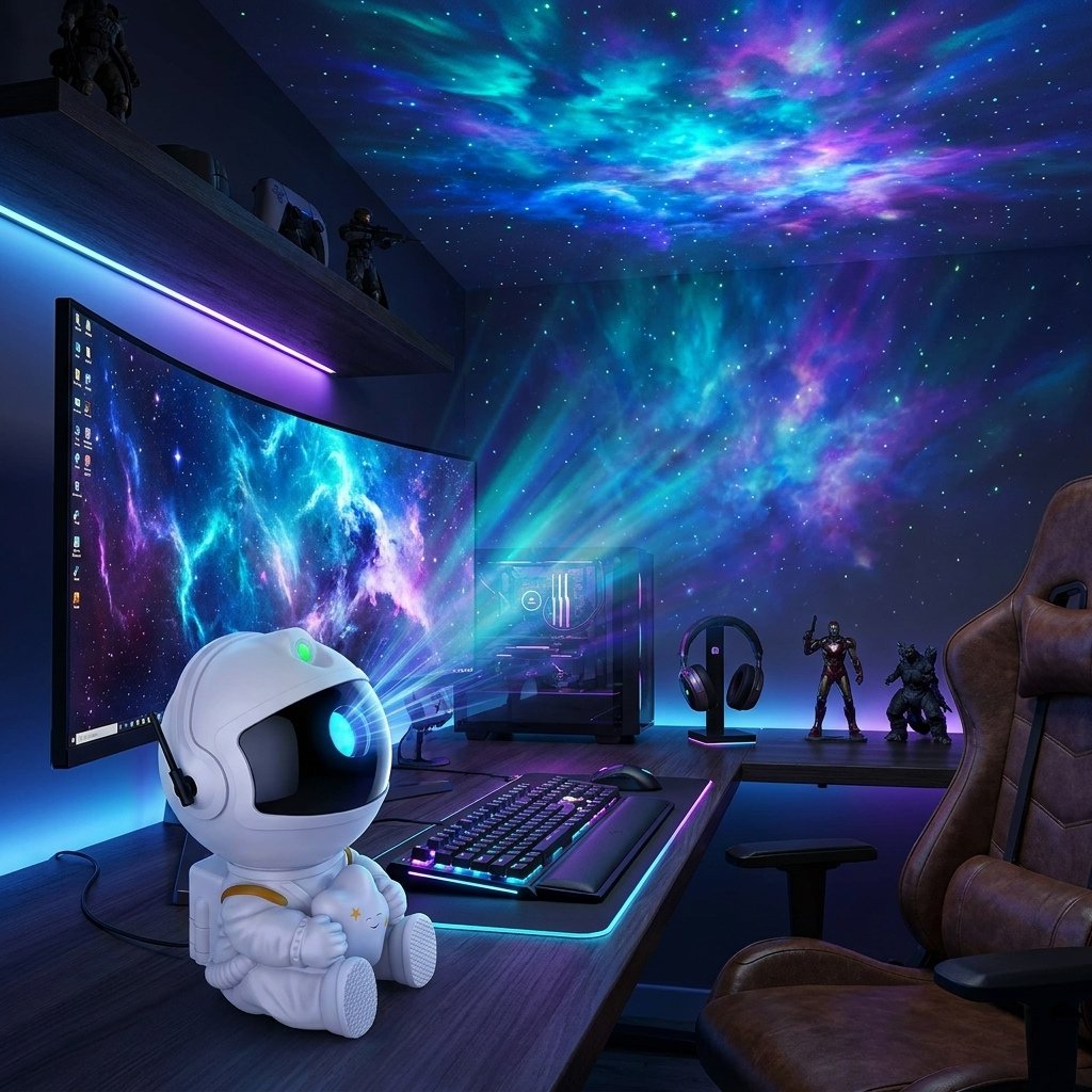Galaxy projector on a gaming desk setup