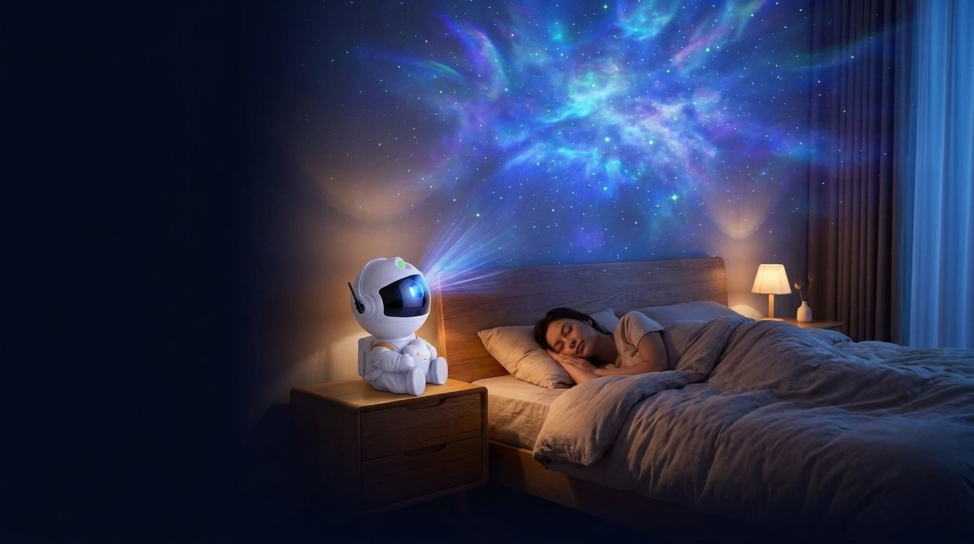 Person sleeping peacefully under the galaxy projection